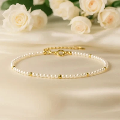 3mm Pearl Gemstone Beads Healing Reiki Dainty Minimalist Women Bracelet Gift - Image 1 of 4