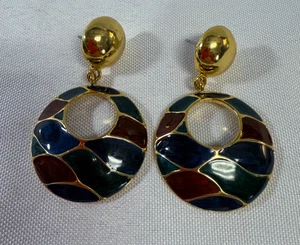 Pendientes colgantes perforados redondos elegantes Cloisonne de colección tono dorado esmalte colorido - Imagen 1 de 6