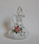 Clear Glass Kitchen Serving Cruet W/Glass Stopper & Handle Painted Flowers VTG
