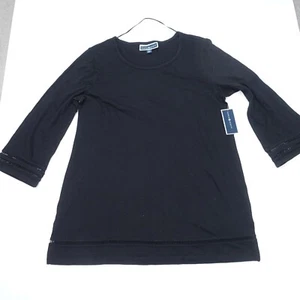 Karen Scott Sweater Women's Medium Black Cotton Lace Hem Long Sleeve Round Neck - Picture 1 of 9
