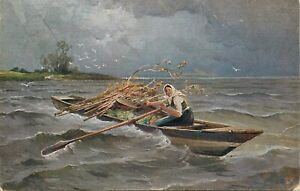 Painting fine art vintage postcard peasant woman on boat in rough sea