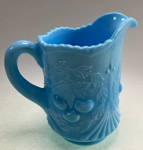 LG Wright Cherries Blue Slag Glass Pitcher Creamer - Picture 1 of 5