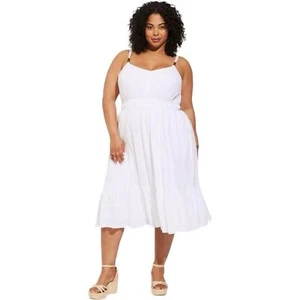 Neu mit Etikett Torrid Midi strukturiertes Baumwoll-Stufenkleid hellweiß Größe 5 x 28 Cottagecore - Bild 1 von 12