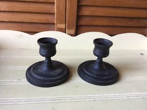 2 PRIMITIVE HEAVY CAST IRON PAINTED BLACK 2” x 3 MATCHING CANDLE STICKS HOLDERS - Picture 1 of 7