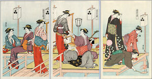 triptyque Estampes Japonaises De Torii Kiyonaga "fraiche soirée à Shijo-gawara"