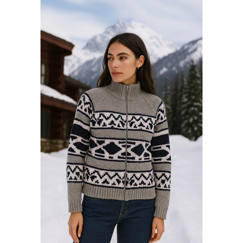 Cardigã suéter vintage Ralph Lauren algodão ilha justa zíper completo cinza grande - Imagem 1 de 4