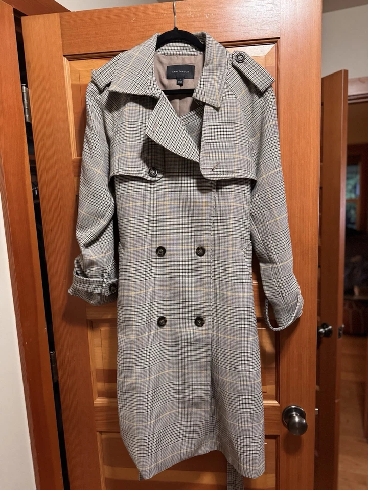 Ann Taylor Glen Check Trench Coat Tan Black Check Medium - Image 1 of 4