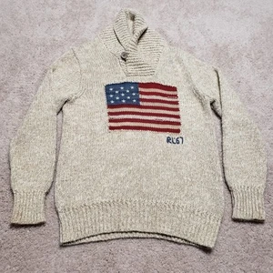 Vintage Polo Ralph Lauren Sweater Boys Medium 10 12 Tan American Flag Knit RL67 - Picture 1 of 8