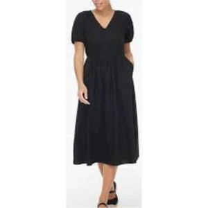 J. Crew Women's Black Dress V Neck Puff Sleeve Midi Scalloped Trim Size 16 NWT - Picture 1 of 12
