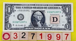 March 27 1997 Birthday Note D 03271997 G Fancy Serial Number One Dollar Bill FW - Picture 1 of 7