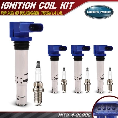 4x Bobina de encendido azul y 4x Kit de bujías de iridio para Audi A3 VW Tiguan L4 1.4L Foto 1 de 4