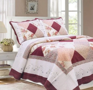 Laura Burgundy Real Patchwork Reversible 100%Cotton Quilt Set Bedspread Coverlet - Picture 1 of 4