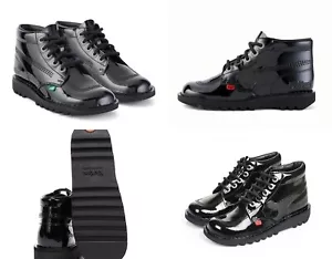 KICKERS Patent Leather Black Ankle Boots Kick Hi Unisex Shoes New Youth Size 3-6 - Picture 1 of 2