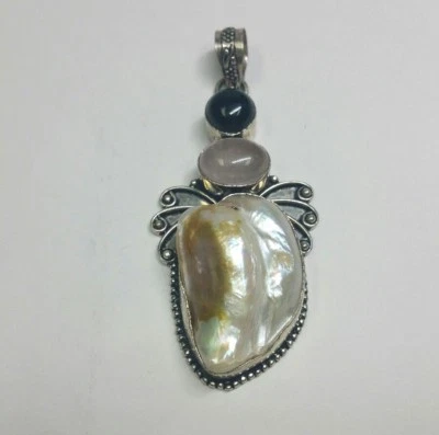 Bellissimo Argento Sterling 925 Onice Quarzo Madreperla Ciondolo - Immagine 1 di 4