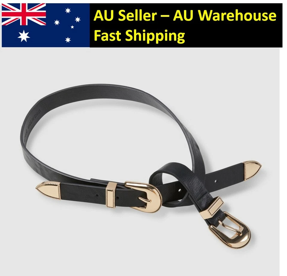 Women Fashion Waist Belt PU Leather Classic Double Gold Buckle Gold Dress Slim - image 1 of 1