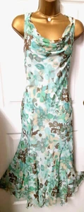CC COUNTRY CASUALS Ivory/Green/Taupe/Beige Longer Midi Silk Dress 14 Hanky Hem - Picture 1 of 5