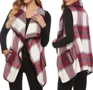 Yacun Vest Lapel Open Front Buffalo Plaid Sleeveless Cardigan/Vest with Pockets - Picture 1 of 6