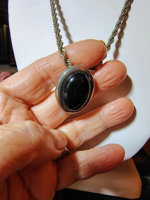 复古 14K 意大利绳链项链带大号黑色玛瑙凸圆形吊坠 20 — 第 1/4 张图片