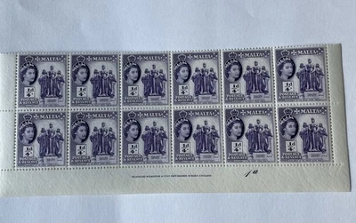 1956 Malta QEII Stamp Block of 12 MNH. Purple 1/4d Monument of Siege  - Image 1 of 4