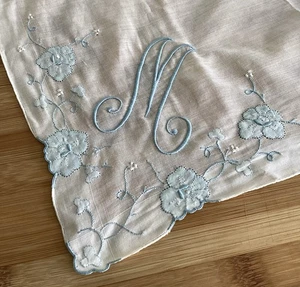 Vintage 40s Blue Madeira Monogram M Wedding Handkerchief Bridal With Org TAG - Picture 1 of 6