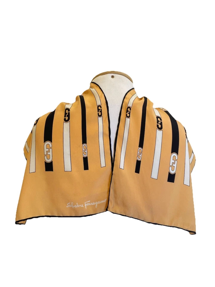 Salvatore Ferragamo желтый шелковый шарф полоски Gancini логотип винтажный Италии #A85 - Изображение 1 из 4
