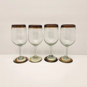 Hand Blown Mexican Glassware Amber Rim and Base 11 oz Tulip Wine - Set of 4 - Picture 1 of 6
