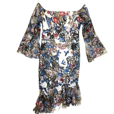 Vestido Alexia Admor Talla 2 Flor Lentejuelas Hombro Descubierto Asimétrico Cóctel Nuevo con Etiquetas Foto 1 de 4