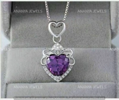 2.20 Ct Heart Cut Lab-Created Amethyst Women's Pendant 18" 14k White Gold Plated Foto 1 de 4