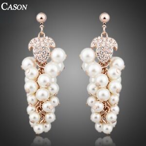 Austrian  Crystal Grape Design Pearl Dangle Earrings 18K Gold Plated Jewelry