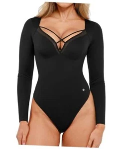 Long Sleeve Body Suits for Womens Deep V-Neck Shapewear Bodysuit Medium Black - Picture 1 of 6