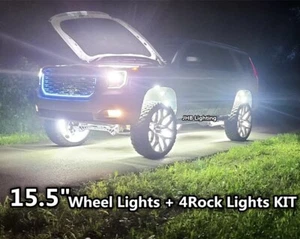 JHB  15.5" QUAD ROW WHITE LED Wheel Rings Rings Lights + 4x Rock Lights 8PCS KIT - Picture 1 of 10
