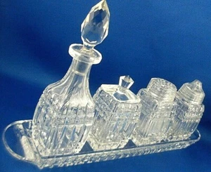 💎RARE Vintage UK CUT CRYSTAL Condiment Cruet Set TRAY SALT PEPPER MUSTARD SAUCE - Bild 1 von 17
