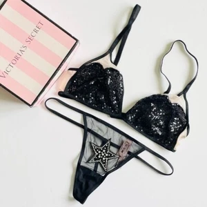 LARGE Victoria’s Secret black bling sequin bralette bra set star vstring panties - Picture 1 of 7