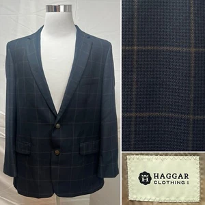 Haggar Men's 46L Navy Blue Houndstooth Brown Windowpane Plaid Blazer Jacket Coat - Picture 1 of 7