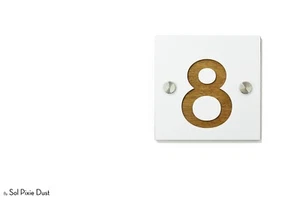 Modern House Numbers, One Number Square White Acrylic with Dark Oak wood, Sign - Picture 1 of 9