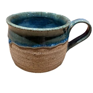 Handmade Stoneware Coffee Tea Soup Mug Art Pottery Blue Green Drip Artist Signed - Picture 1 of 9