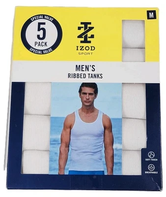IZOD Sport Mens Size Medium 38-40 Ribbed Tanks 5 Pack White  Tag-Free Soft Touch - Image 1 of 4