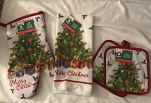 New! Christmas Tree Oven Mitt, Towel, 2 Pot Holders Home Kitchen Decor Glittery - Picture 1 of 4