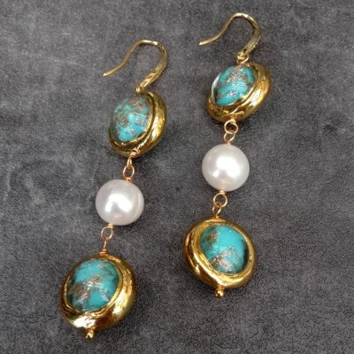 Cultured White Pearl Blue Murano Glass Dangle Hook Earrings Handmade For Women - Image 1 of 4