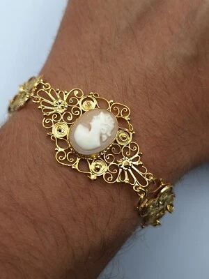 Bracciale cammeo conchiglia stile Vittoriano Argento 925 Oro 18 Kt Vintage Cameo - Immagine 1 di 4