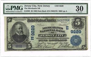 1902 $5 National Bank Note Date Back Jersey City, NJ Fr#592 PMG VF 30 - Picture 1 of 2