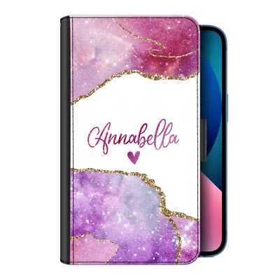 Personalised Phone Case For iPhone 13/12/11/X Pink Heart Marble PU Leather Cover - Image 1 of 4