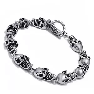 Men's Silver Skull Ghosts Stainless Steel Chain Bracelet Biker Jewelry 9" inch - Picture 1 of 5