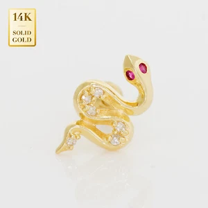 14K Real Solid Gold Diamond Snake Stud Piercing Earring 18G - Picture 1 of 6