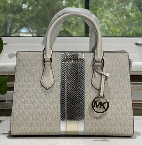 MICHAEL KORS SHEILA MEDIUM SATCHEL METALLIC MK LOGO GOLD STRIPE SHOULDER BAG - Picture 1 of 12