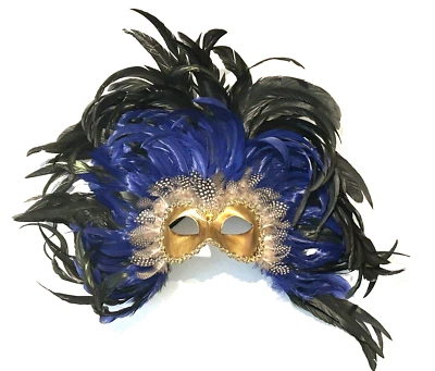 Dramatic Venetian Feather Mask - Black & Blue Gold Masquerade Costume Decor 16' - Image 1 of 2