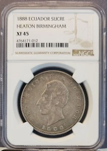 1888 ECUADOR SILVER 1 SUCRE HEATON BIRMINGHAM NGC XF 45 SCARCE LOW MINTAGE - Picture 1 of 3