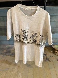 Vintage 90s Tiger Cubs T-Shirt Gray Size XL Habitat Nature Animal Single Stitch - Picture 1 of 7