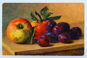 Antique M Billing Fruit Still Life Painting Artist Postcard Plums & Apples - Picture 1 of 3