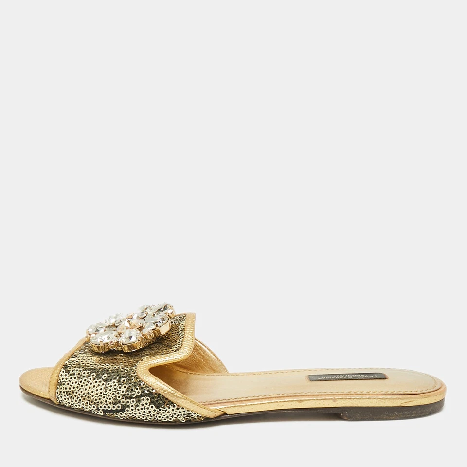 Dolce Gabbana Gold Sequins and Leather Sofia Crystal Embellished Slide Flat - Image 1 of 4